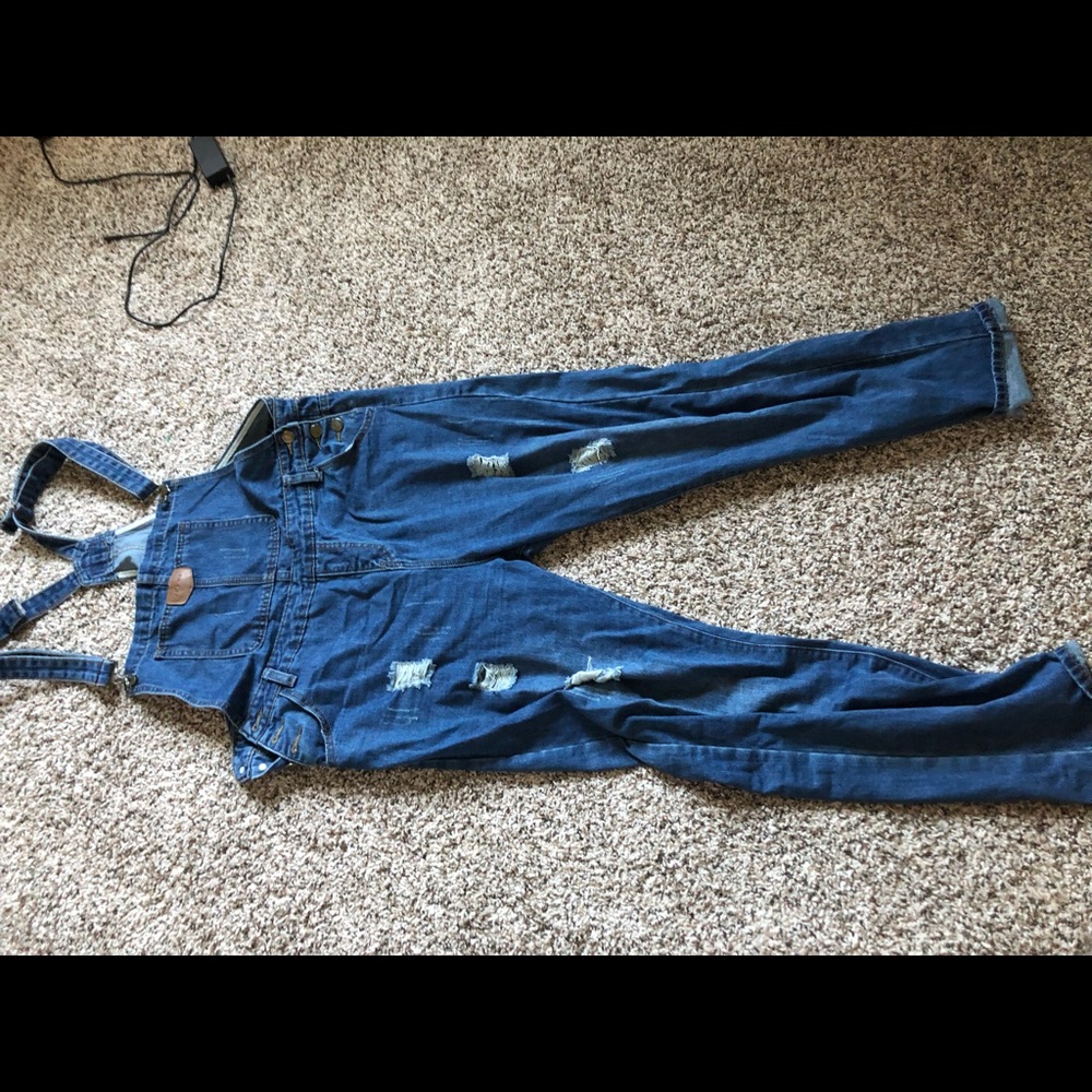 Denim distressed overalls